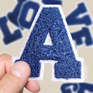 Patch de letras azuis em chenille, aplique bordado de alfabeto com nome faça você mesmo, patches de ferro em letras azuis