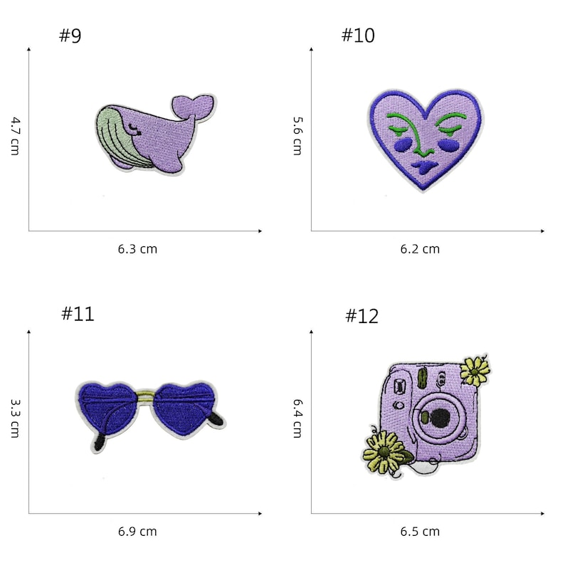 May include: Four iron-on patches with different designs. A purple whale with green accents, a purple heart with a face, purple heart-shaped sunglasses, and a purple camera with yellow flowers. The patches are approximately 6 cm wide and 6 cm tall.