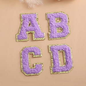2.1 Inch Purple Chenille Letters Patch,Gold Glitter Letters,Embroidered Patch Applique DIY Name Badge Alphabet,Self-adhesive Patch