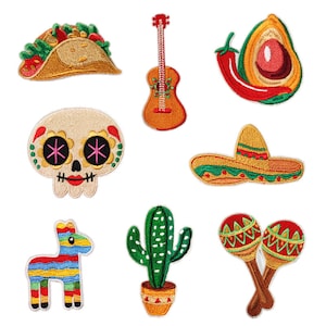 May include: Set of 10 colorful embroidered iron-on patches featuring Mexican-themed designs, including a taco, guitar, avocado, skull, sombrero, cactus, donkey, and maracas.
