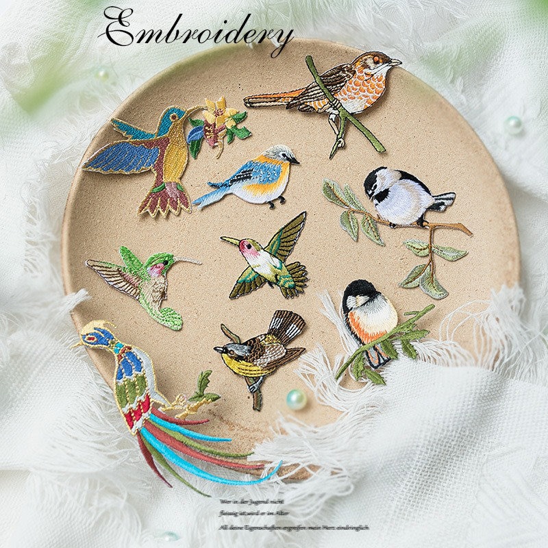Hummingbird Applique Patch - Embroidered Blue & Green Bird Badge 2-3/8 Iron On