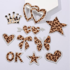 Parche para planchar con diamantes de imitación de leopardo, Parche de corazón, Parche de estrella, Parche de corona, Aplique de parche con lazo de mariposa para bolsos de ropa Diy