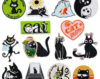 Black Cat Patch,Cat Applique Embroidery Patch,Cat Badge Iron On Patch