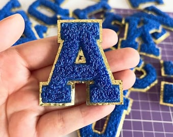 Blue Letters Glitter Chenille Embroidered Iron On Patch,Letter Applique DIy Name Badge Alphabet Patches For Clothing Bag Accessories