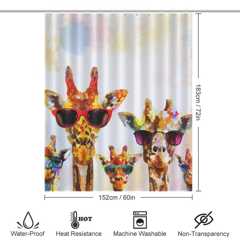 May include: A shower curtain featuring a colorful abstract painting of four giraffes wearing sunglasses. The giraffes are in a mosaic style with a white background. The shower curtain is 60 inches wide and 72 inches tall.