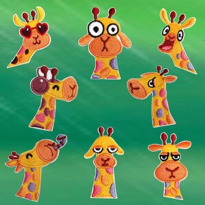 May include: A selection of embroidered giraffe patches with diverse expressions. The giraffes are yellow with orange spots and feature different facial expressions, including sunglasses, wide eyes, and open mouths. The patches are set against a green backdrop.