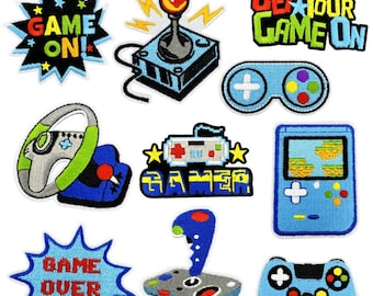 Blue Game Patch,Game On,Game Over,Gamepad Patch,Game Machine Embroidered Patch Applique,Iron On Patch