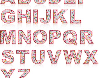 May include: A set of 26 alphabet letters, each with a pink floral pattern and a pink outline. The letters are arranged in alphabetical order.