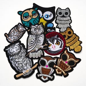 Op de afbeelding: Een verzameling geborduurde uilenpatches in verschillende kleuren en ontwerpen. De patches hebben gedetailleerde stiksels, met uilen die op takken zitten en in verschillende poses. Het kleurenpalet omvat tinten bruin, grijs, goud en blauwgroen, met zwarte randen.