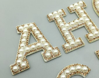 1.7 Inch White Pearl Rhinestone Patch A-Z, Letter Patches Iron On Letter Appliques