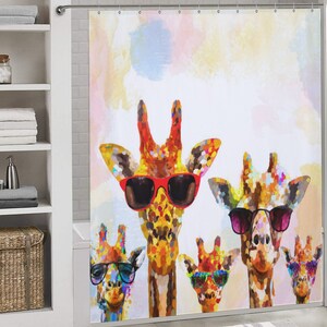 May include: A colorful shower curtain featuring a group of five giraffes wearing sunglasses. The giraffes are painted in a watercolor style with bright colors and details. The background is a light yellow with watercolor washes of blue and pink.
