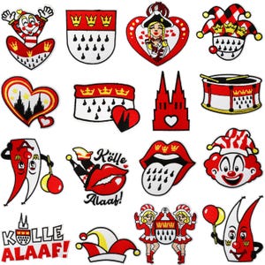 Op de afbeelding: Een verzameling rode, witte en zwarte geborduurde patches met diverse ontwerpen. De patches bevatten een clown, een hart, een trommel, een kathedraal en de tekst "Kölle Alaaf!"
