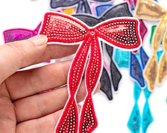 Color Sparkly Sequins Bow Long Tail Applique,Bowknot Patch,Embroidered Bow Patch, Iron On Patch