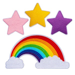 May include: Embroidered patches featuring a rainbow with white clouds, and three stars in pink, yellow, and purple. These patches are ideal for decorating clothing, bags, or other fabric items.