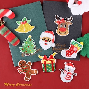 Christmas Iron On Patch Selection Snowman Tree Santa Claus Stocking Gift Box Embroidered Holidays Decorations DIY Winter Applique