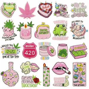 May include: A collection of embroidered patches with cannabis-themed designs. The patches feature various shapes, including a heart, a cannabis leaf, a cake, and a frog. Text includes "Baked", "Weed Money", "420", and "Stoner Babe".