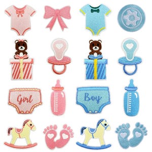 May include: A set of 12 iron-on patches featuring baby-themed designs. The patches are in pink, blue, and brown colors. The designs include a baby onesie, a bow, a pacifier, a teddy bear, a bottle, a rocking horse, and footprints.