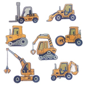 May include: A collection of embroidered patches featuring various construction vehicles in shades of yellow, orange, and blue. The set includes a forklift, bulldozer, excavator, steamroller, crane, and other construction equipment.