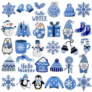 May include: A set of 25 iron-on patches featuring winter-themed designs. The patches are blue, white, and red and include snowflakes, penguins, snowmen, mittens, a house, a candy cane, a gnome, a cup of hot chocolate, a gift box, and a Christmas tree. The patches are perfect for adding a festive touch to clothing, bags, and other accessories.