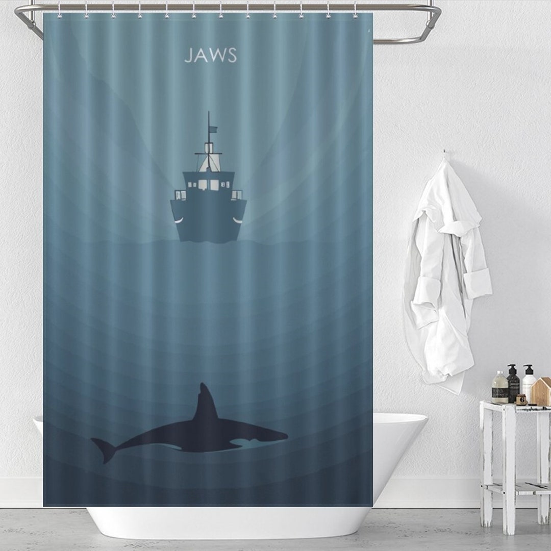 Jaws Shower Curtain, Sharks at Sea Bathroom Waterproof Curtain, Ship