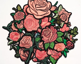 Peach Pink Rose Embroidered Patches,Floral Iron On Applique,Flower Rose Patch