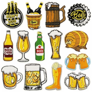 May include: A selection of embroidered beer-themed patches. The designs include beer bottles, tankards, a wooden barrel, and a bottle cap. The patches are in various colours, such as yellow, brown, green, and white, with the words "Craft Beer" and "Beer" displayed.