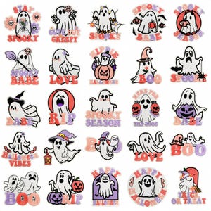 Può includere: Una collezione di venticinque toppe ricamate raffiguranti fantasmi bianchi in vari design a tema Halloween. Ogni toppa include testo colorato come Stay Spooky, Cute But Creepy, Spooky Babe, Love, Rip, Halloween Vibes e Trick or Treat.