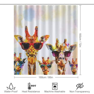 May include: A colorful shower curtain featuring a group of four giraffes wearing sunglasses. The giraffes are painted in a vibrant, abstract style with a watercolor background.