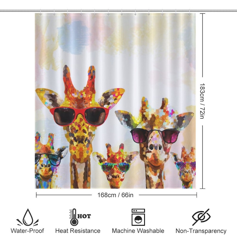 May include: A colorful shower curtain featuring a group of four giraffes wearing sunglasses. The giraffes are painted in a vibrant, abstract style with a watercolor background.