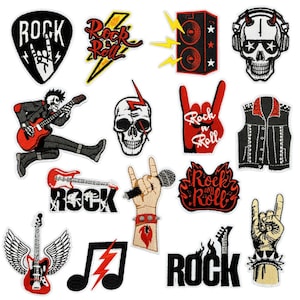 May include: A selection of embroidered patches featuring rock and roll imagery. Designs include guitars, skulls, and the words "Rock" and "Rock n Roll". The patches are in black, red, and white, with lightning bolt and hand gesture motifs.
