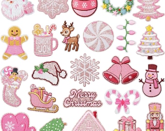 Pink Christmas Embroidered Applique,Gingerbread Man Santa Snowflake Applique,Pinkmas Iron On Patch