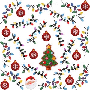 May include: A collection of Christmas-themed embroidered patches. The patches include colourful string lights, red baubles with white snowflakes, a green Christmas tree with ornaments, and a Santa Claus face.