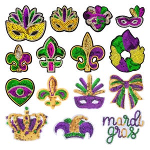 Mardi Gras Sequin Patch Carnival Mask Crown Jester Applique Carnival Iron on Patch