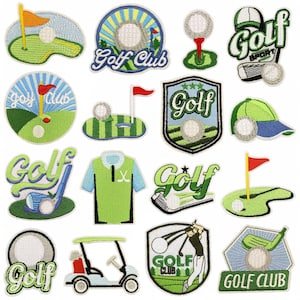 Op de afbeelding: Een verzameling geborduurde patches met golf-thema's. De patches tonen golfballen, vlaggen, golfclubs en de woorden "Golf" en "Golf Club" in verschillende lettertypen en stijlen. Het kleurenpalet omvat groen, wit, blauw en rood.