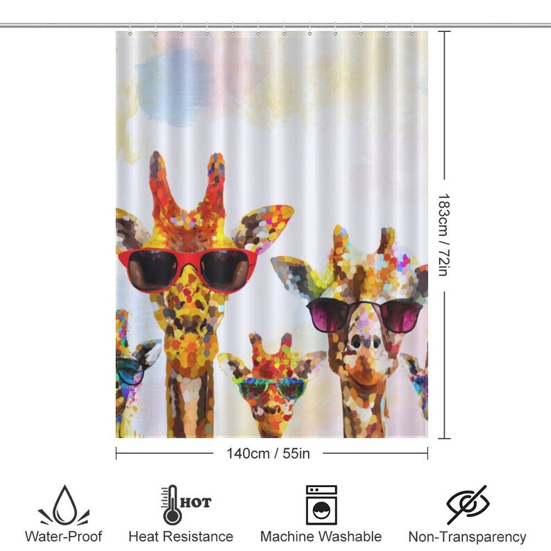 May include: A shower curtain featuring a colorful abstract painting of four giraffes wearing sunglasses. The giraffes are painted in a mosaic style with bright colors and patterns. The shower curtain is 72 inches tall and 55 inches wide.