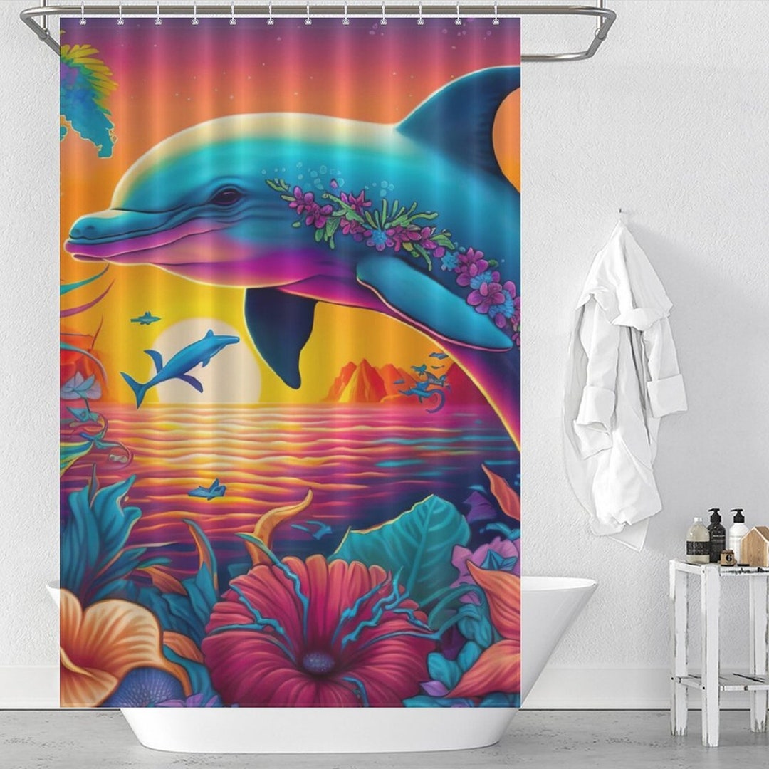 Colorful Dolphin Shower Curtain, Flower Dolphin Shower Curtian, Sea Curtain for Bathroom