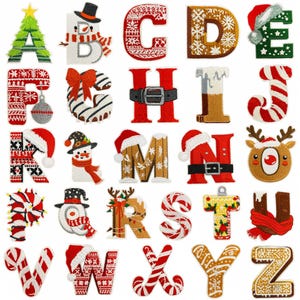 May include: A selection of Christmas-themed alphabet patches. Each letter is uniquely designed with festive elements like snowmen, Santa hats, candy canes, and reindeer. The patches feature a variety of colours, including red, green, white, and brown.