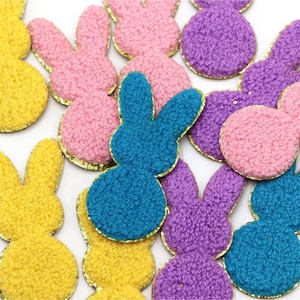 Rabbit Chenille Embroidery Patch,Bunny Gold Glitter Embroidered Iron On Patches,Easter Patch