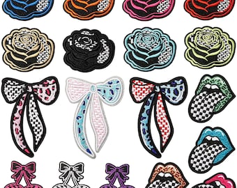 Checkerboard Embroidered Patches,Punk Skull Cherry Lips Rose Bow Applique,Iron On Patch