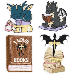 May include: Set of four embroidered patches featuring dragons and books. One patch shows a teal dragon curled up on books, another a black dragon reading a book. A third patch is a brown book with "I LOVE BOOKS" text, and the last shows a dragon above open books.