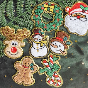 Christmas Chenille Patch,Gold Glitter Embroidered Holidays Decorations DIY,Elk Patches, Santa Claus Patch,Snowman Patch,Self Adhesive Patch