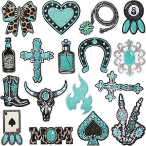 May include: A selection of embroidered patches in turquoise and black. Designs include a bow, heart, cross, perfume bottle, horseshoe, cowboy boot, bull skull, flame, ace of spades, and the word "MOM".