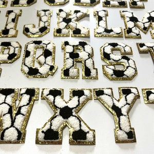 Patch de chenille para futebol, apliques de letras bordadas com glitter, patches de alfabeto para crachás, patches de letras de futebol, patches para passar a ferro