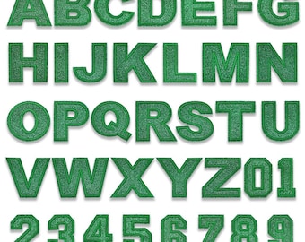 Toppa con lettere verdi da 2,3 pollici/1,49 pollici, lettere glitterate verdi, numeri ricamati, toppa termoadesiva, toppe fai da te con nome e alfabeto.