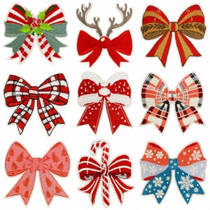 May include: Nine embroidered Christmas bow patches in various designs. The bows feature red, green, and white colors, with patterns including stripes, plaid, snowflakes, and a candy cane. Some bows have holly, reindeer antlers, and tree designs.