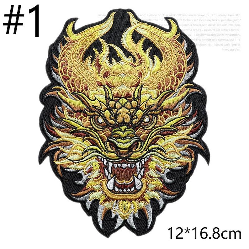 May include: Embroidered patch featuring a detailed golden dragon design on a black background. The dragon has intricate scales, sharp teeth, and a fierce expression. The patch measures 12 x 16.8 cm.