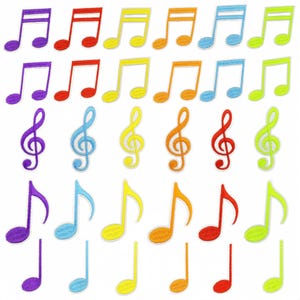 May include: A set of 30 colorful iron-on patches featuring musical notes and treble clefs. The patches are in various colors, including purple, red, yellow, orange, blue, green, and light blue.