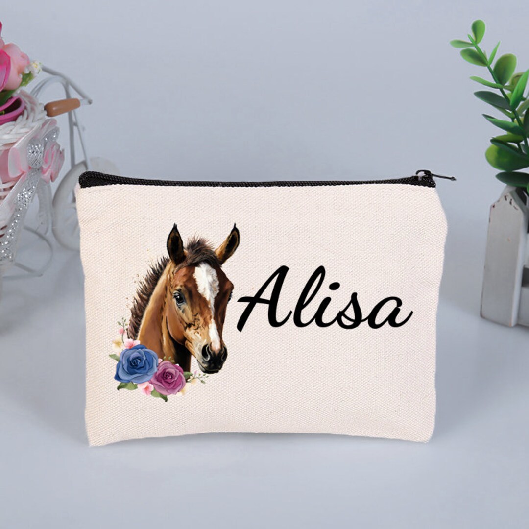 Horse Makeup Bag, Personalized Name Horse Cosmetic Bag, Zipper Pouch