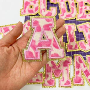 3.1 Inch Pink Letters Chenille Iron On Patch,Gold Glitter Letter Patches,Embroidered Applique Letters DIy Name Badge Alphabet Patches