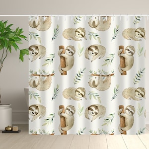 Sloth Baby Shower Curtain, Sloth Hugging Trees Bathing Curtain, Cute Sloth Leaves Waterproof Curtain With Hooks, Bathroom Curtain